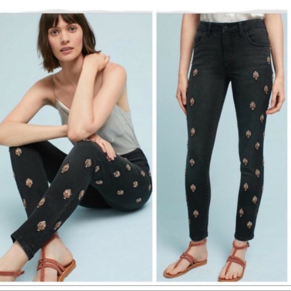 NWOT—Pilcro and Letterpress embellished black skinny jeans sz 26